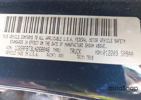 2020 Ram 1500 из США, поврежденный, VIN 1C6SRFBT3LN268046